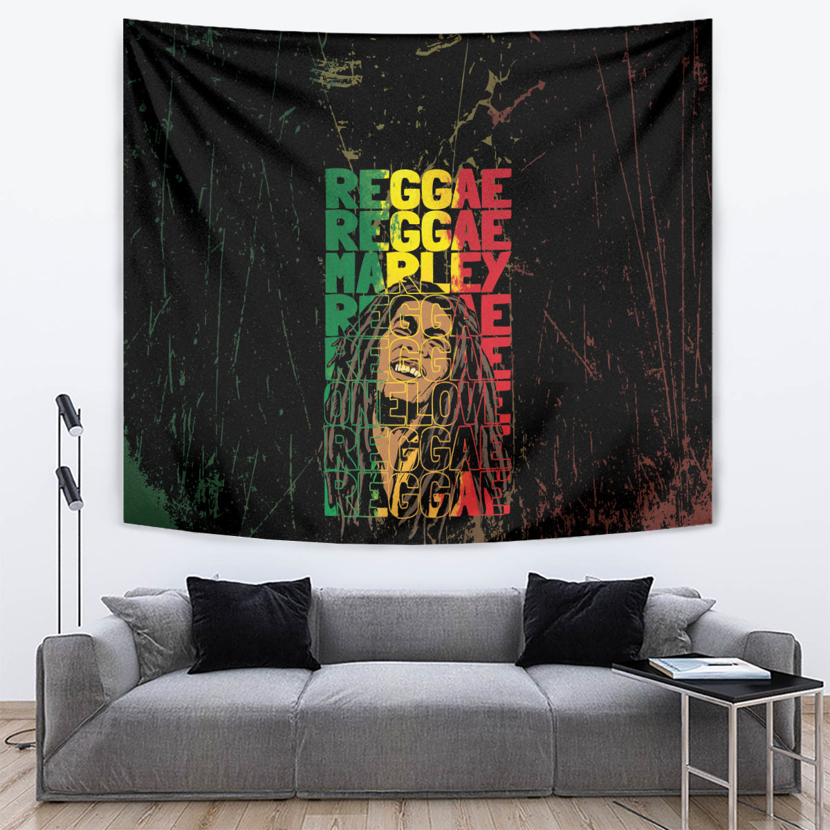 Reggae wall tapestry with multicolor “REGGAE MARLEY” text and grunge artwork on black background