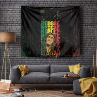 Reggae wall tapestry showing multicolor “REGGAE MARLEY” typography over distressed dark design
