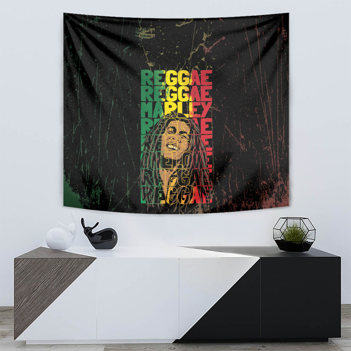 Reggae wall tapestry featuring distressed “REGGAE MARLEY” text in green, red, and gold