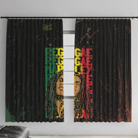 Pair of black Marley window curtains with multicolor reggae grunge lettering, grommet top