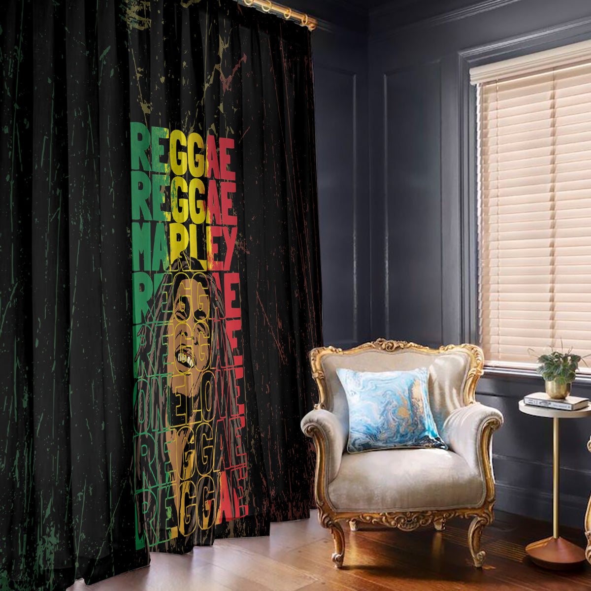 Black Marley window curtain with green, red, and yellow reggae grunge text, full-height