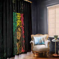 Black Marley window curtain with green, red, and yellow reggae grunge text, full-height