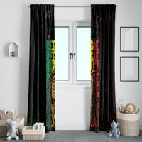 Black Marley-style window curtain with multicolor reggae grunge text, two panels on rod