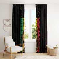 Black Marley window curtain with multicolor reggae grunge text, tall hanging panels