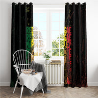 Black Marley window curtain with multicolor reggae grunge text, full width on curtain rod