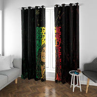 Black Marley window curtain with multicolor reggae grunge text, hanging on metal rings