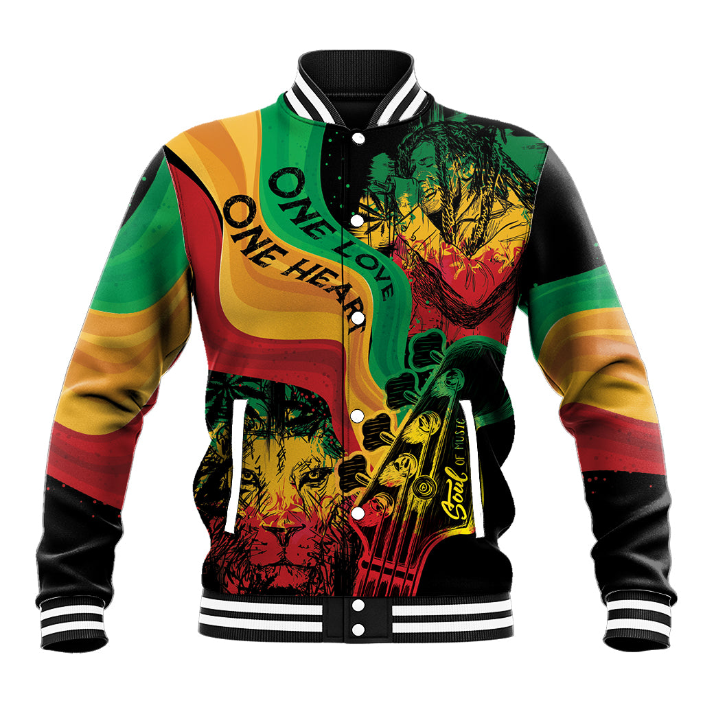 Unisex baseball jacket with varsity collar, black ribbed trim, colorful One Love One Heart print