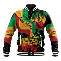 Unisex baseball jacket with varsity collar, black ribbed trim, colorful One Love One Heart print