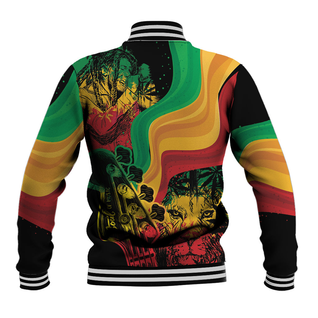 Unisex baseball jacket with black ribbed hem and striped cuffs, back graphic and portraits