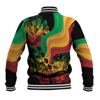 Unisex baseball jacket with black ribbed hem and striped cuffs, back graphic and portraits