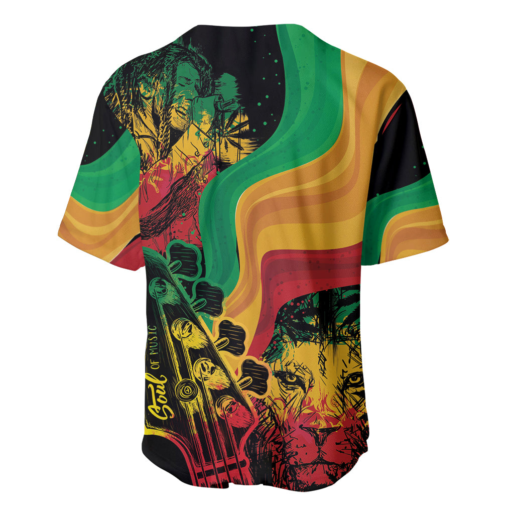 Back view men's baseball jersey, multicolor reggae flag graphic, short sleeves