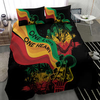 Black duvet bedding set with “One Love One Heart” reggae graphic and two matching pillows