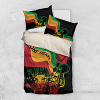 Black bedding set with two pillows, bold “One Love One Heart” reggae artwork