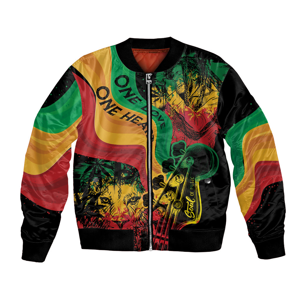 Reggae print bomber jacket with front zipper, ribbed collar and cuffs, lion and guitar art