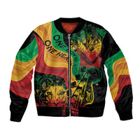 Reggae print bomber jacket with front zipper, ribbed collar and cuffs, lion and guitar art