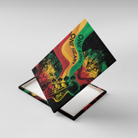 Framed reggae canvas wall art with lion, saxophone figure, and colorful One Love text