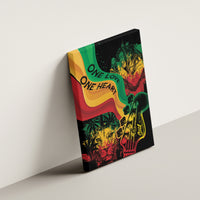 Canvas wall art panel with black background, reggae colors, lion, and One Heart One Love