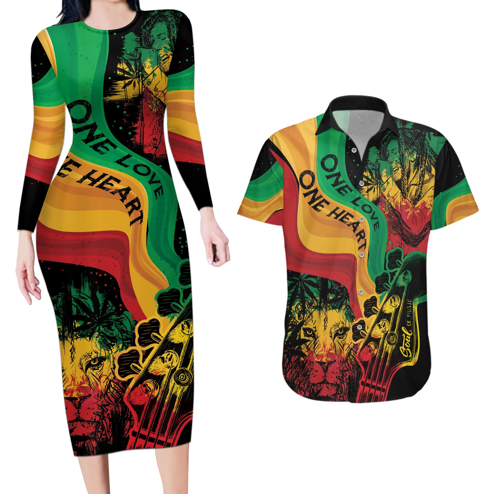 Reggae Day Couples Matching Long Sleeve Bodycon Dress and Hawaiian Shirt One Love One Heart LT7 - Wonder Print Shop