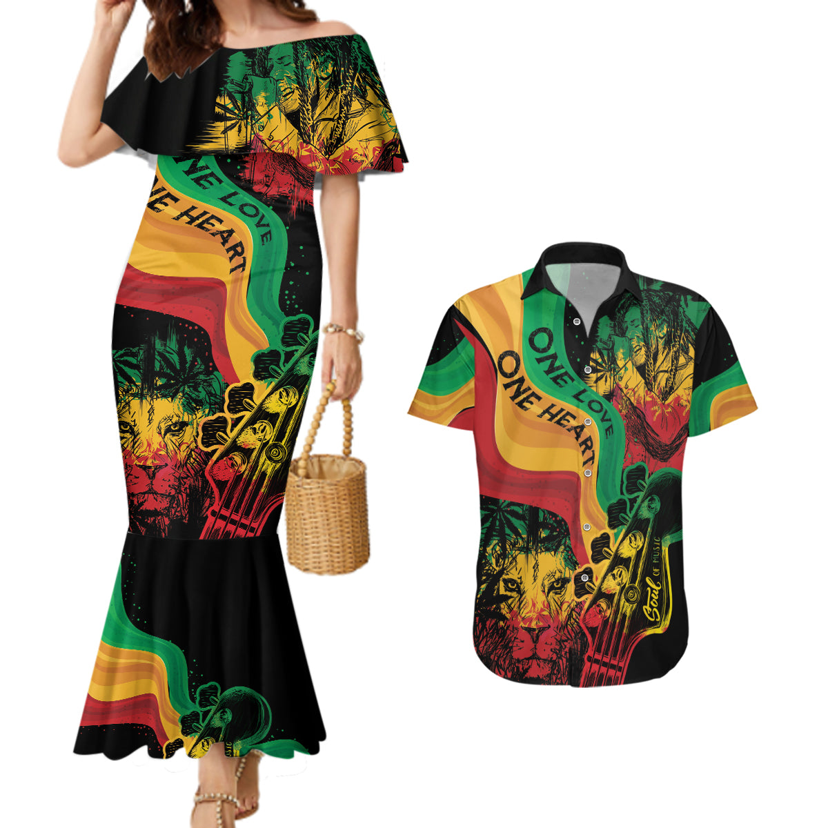 Reggae Day Couples Matching Mermaid Dress and Hawaiian Shirt One Love One Heart LT7 - Wonder Print Shop