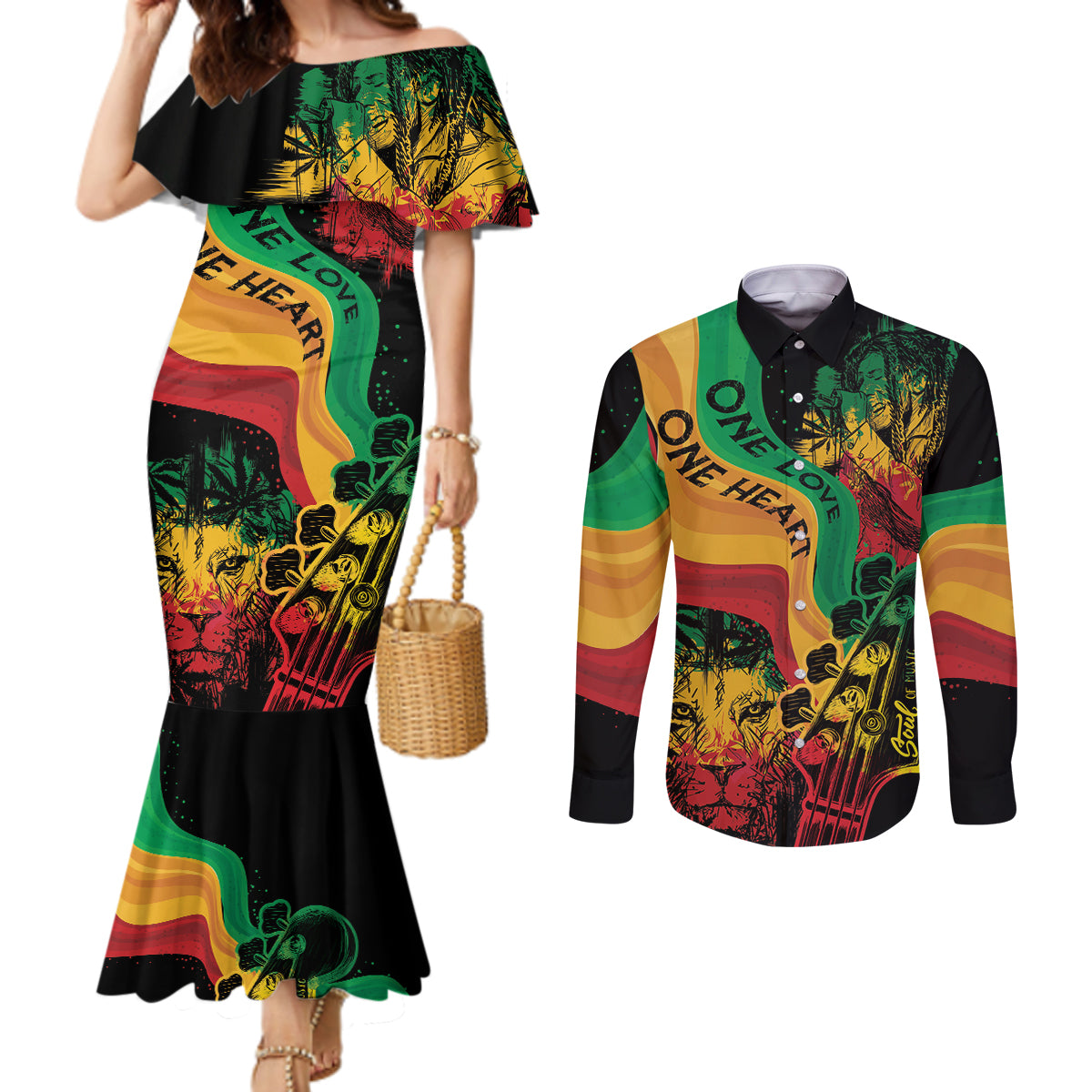 Reggae Day Couples Matching Mermaid Dress and Long Sleeve Button Shirt One Love One Heart