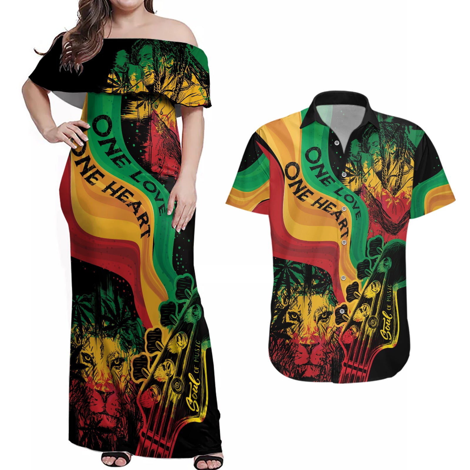 Reggae Day Couples Matching Off Shoulder Maxi Dress and Hawaiian Shirt One Love One Heart LT7 - Wonder Print Shop