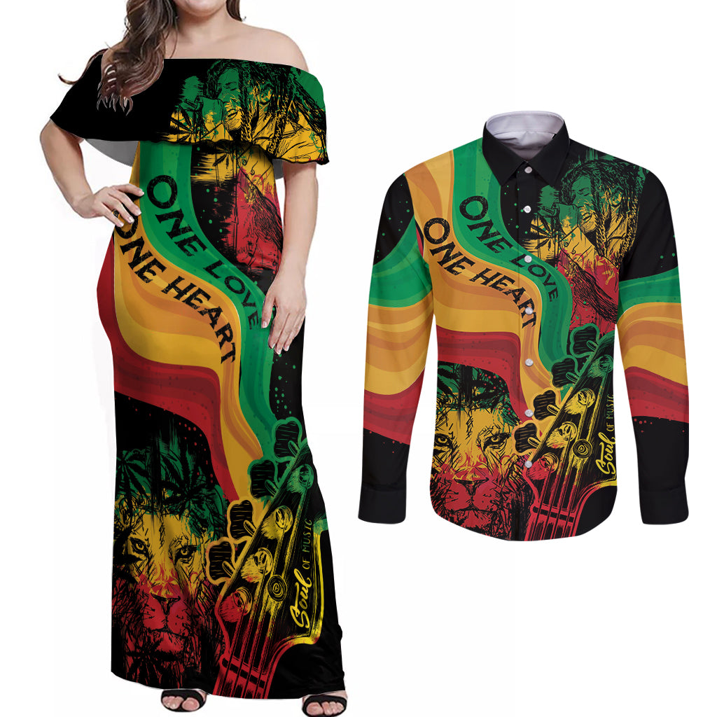 Reggae Day Couples Matching Off Shoulder Maxi Dress and Long Sleeve Button Shirt One Love One Heart LT7 - Wonder Print Shop