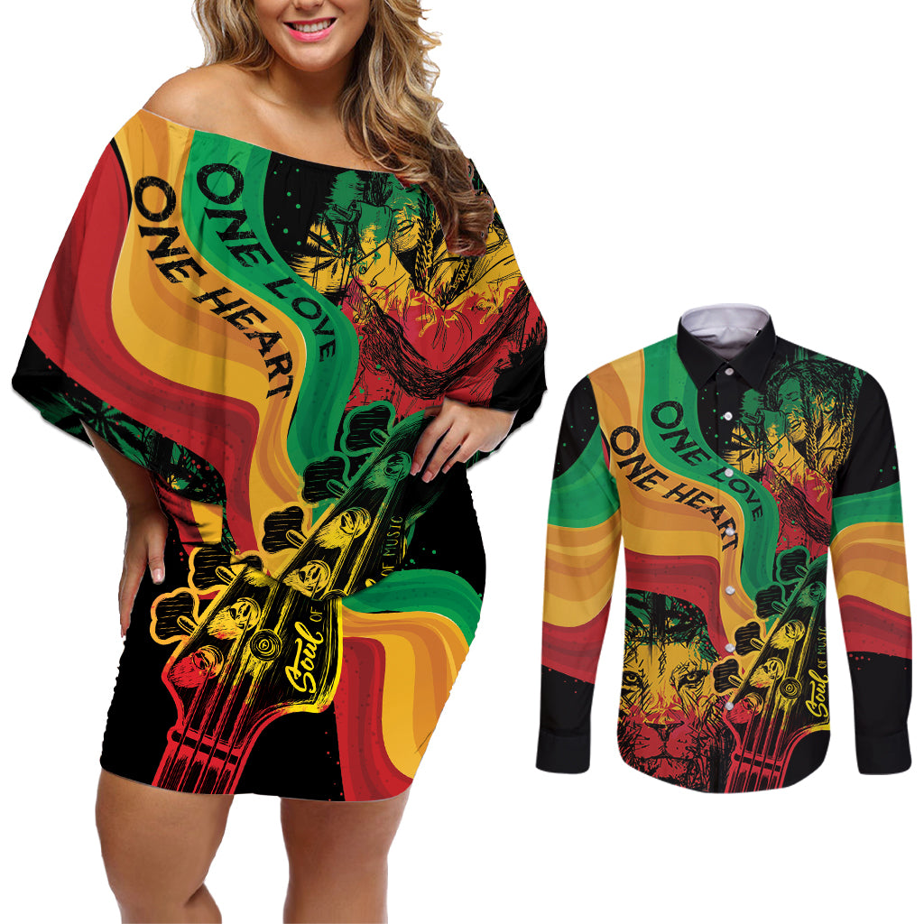 Reggae Day Couples Matching Off Shoulder Short Dress and Long Sleeve Button Shirt One Love One Heart LT7 - Wonder Print Shop