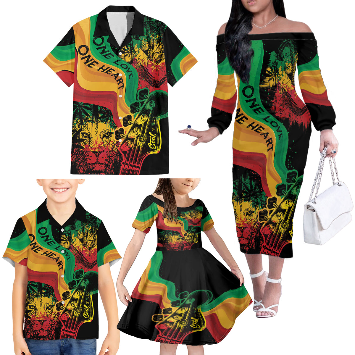 Reggae Day Family Matching Off The Shoulder Long Sleeve Dress and Hawaiian Shirt One Love One Heart - Wonder Print Shop