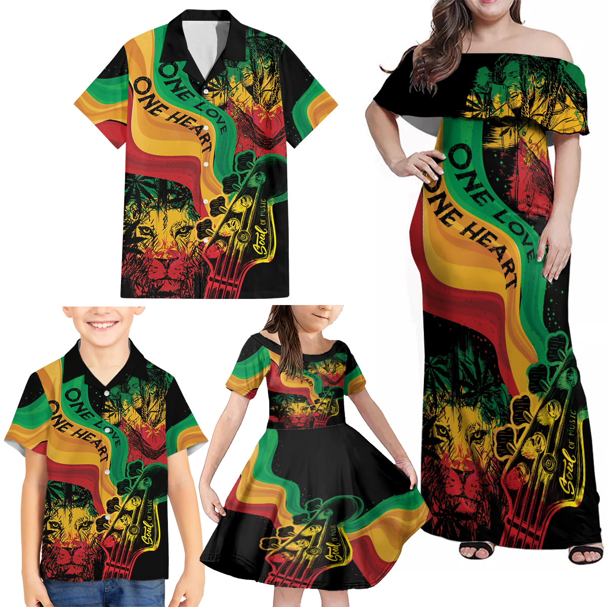 Reggae Day Family Matching Off Shoulder Maxi Dress and Hawaiian Shirt One Love One Heart LT7 - Wonder Print Shop