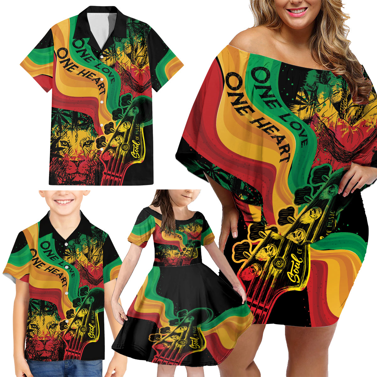 Reggae Day Family Matching Off Shoulder Short Dress and Hawaiian Shirt One Love One Heart LT7 - Wonder Print Shop