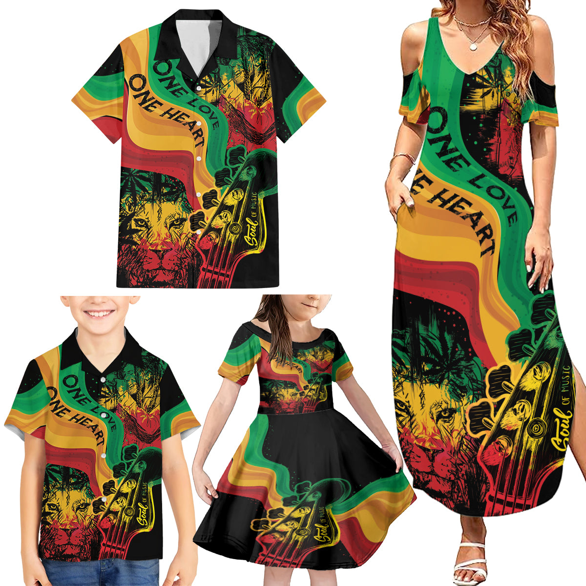 Reggae Day Family Matching Summer Maxi Dress and Hawaiian Shirt One Love One Heart - Wonder Print Shop