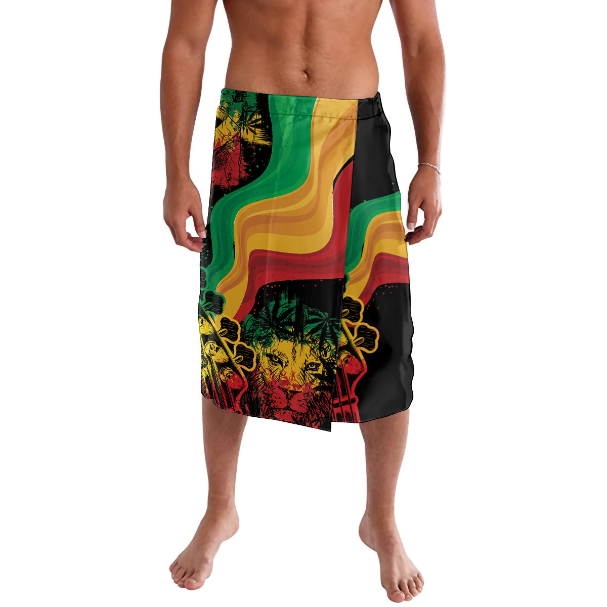 Knee-length swim shorts with black base and colorful reggae-style wave and animal graphic