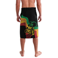 Knee-length swim shorts with black base and green-yellow red reggae graphic panel