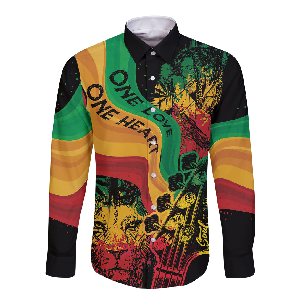 Long sleeve button shirt with dark base and colorful reggae portrait graphic, button-front