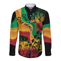 Long sleeve button shirt with dark base and colorful reggae portrait graphic, button-front