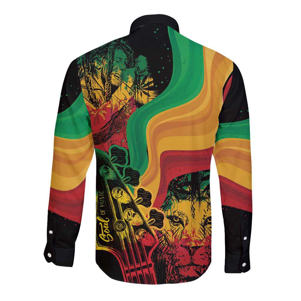 Long sleeve button shirt, dark base with colorful abstract reggae wave and musician print