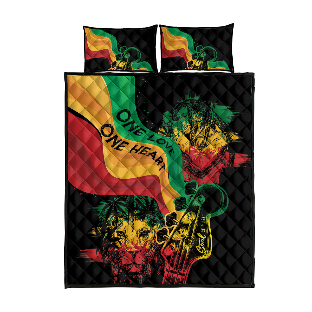 Black quilt bed set with colorful reggae graphics, diamond quilting, and 2 pillowcases