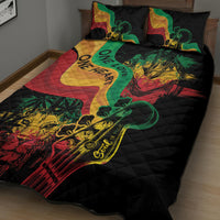 Black quilt bed set with large reggae musician illustration, diamond stitching, and 2 pillows