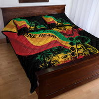Black quilt bed set with reggae flag colors, One Heart text, and matching 2 pillowcases