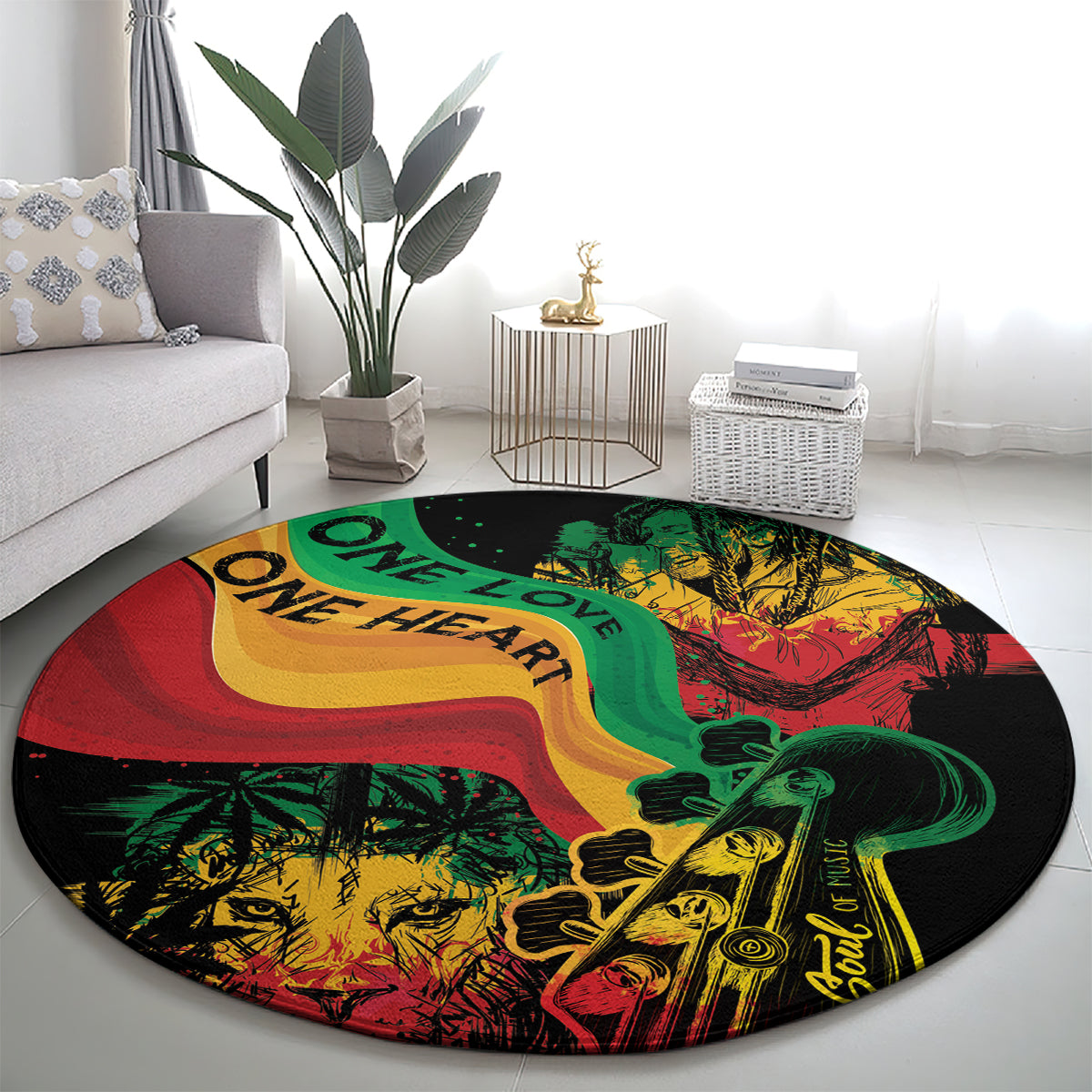 Round area rug with reggae-style portrait and One Love/One Heart text in red, green, yellow