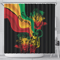 Reggae-themed shower curtain with black base, green-red-yellow flag wave, lion and ONE HEART