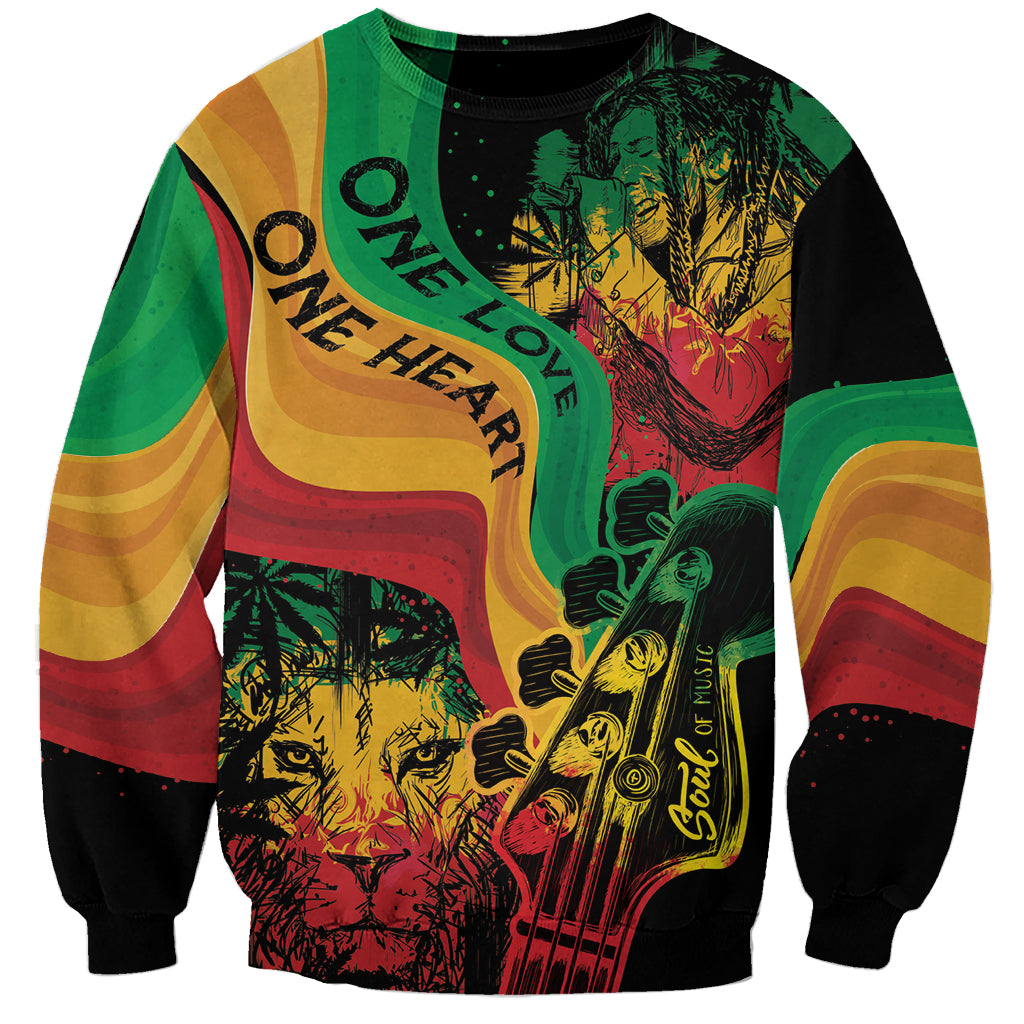 Unisex reggae day sweatshirt with colorful lion and face graphic, green yellow red sleeves