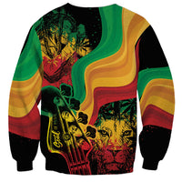 Unisex reggae day sweatshirt with reggae lion face graphic and flowing green yellow red waves