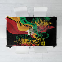 Black tablecloth featuring 'One Love' lettering and vibrant abstract reggae artwork