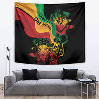 Black reggae tapestry with One Love One Heart text, flag wave, guitar and reggae faces