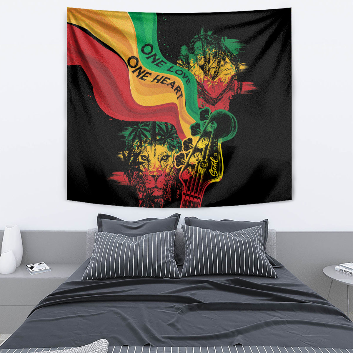 Black tapestry with One Love One Heart text, reggae flag wave, and musician portrait artwork