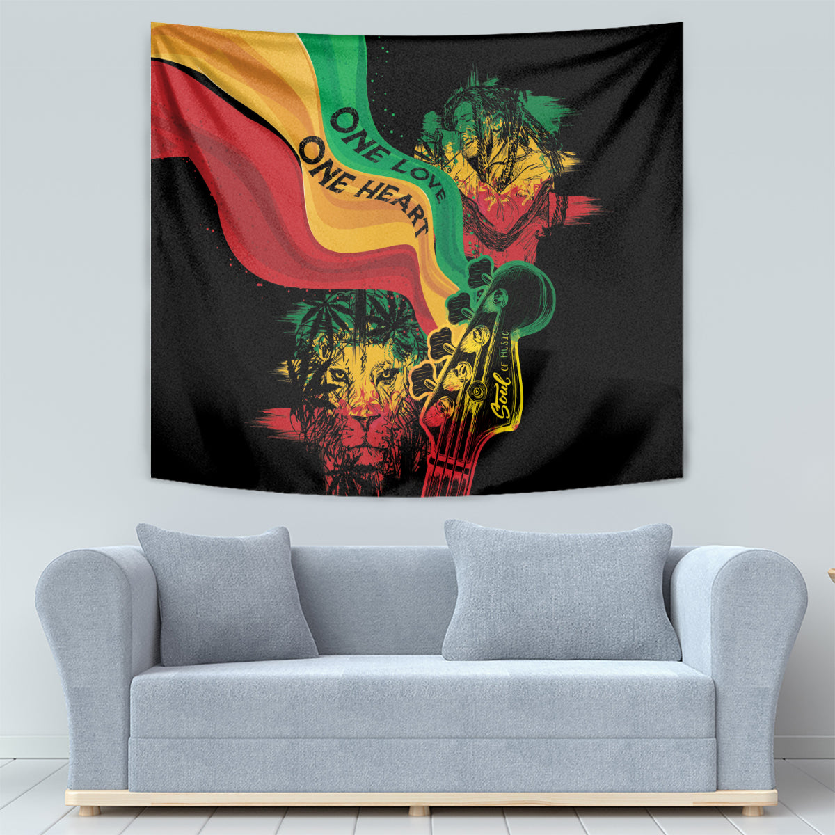 Black wall tapestry with One Love One Heart text, reggae flag colors, and instrument-themed artwork