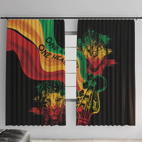 Reggae window curtain panels with black background and lion artwork in red, yellow, green.