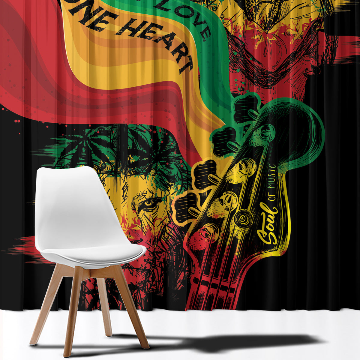 Reggae window curtain with close-up lion and musical notes graphic in red, yellow, green.