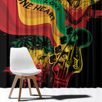Reggae window curtain with close-up lion and musical notes graphic in red, yellow, green.